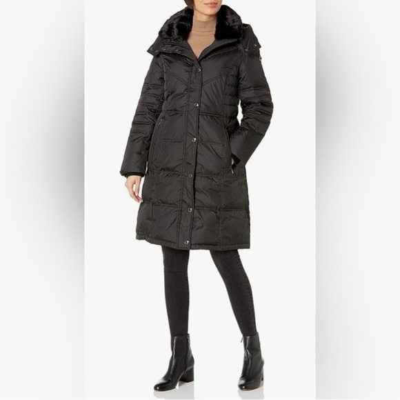 New with Tags London Fog Chevron Coat with Faux Fur Trimmed Hood - Picture 1 of 10